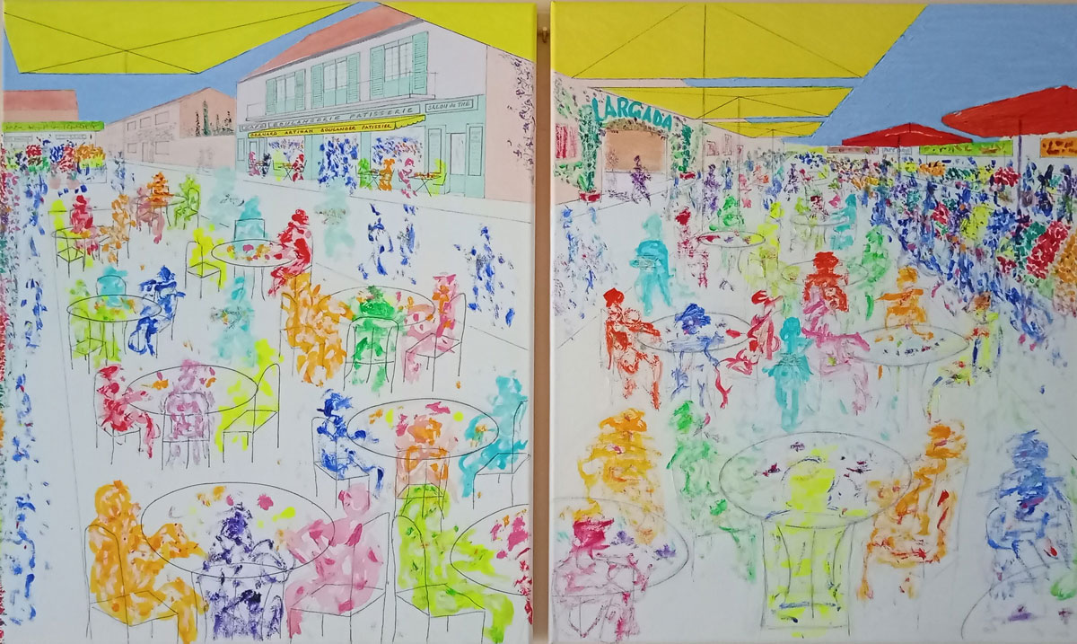 A split-view moment from last year's trip and the 'to and fro' of a busy market day in the fishing town of Gruissan, near Narbonne Plage - painting by Patrick Riddy